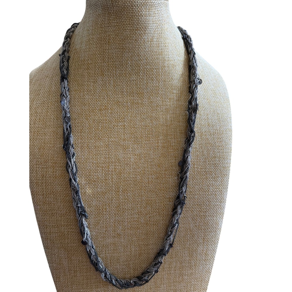 Woven Multi Strand Braided Chain Necklace Silver Gunmetal Disc Accents Layering‎